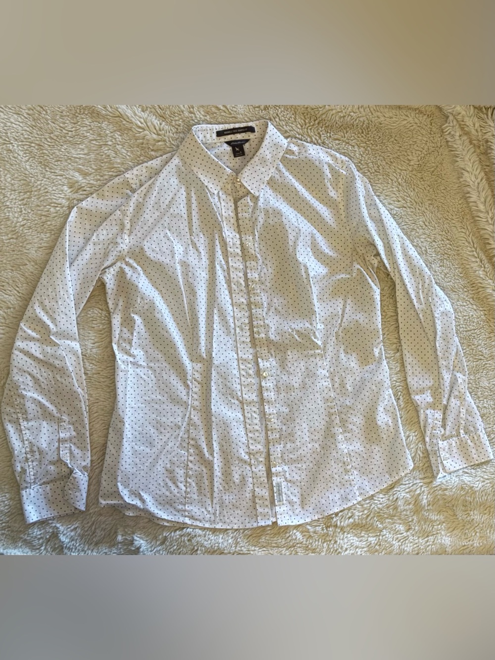 Eddie Bauer White Button-Front Shirt with Black Polka Dots, Small